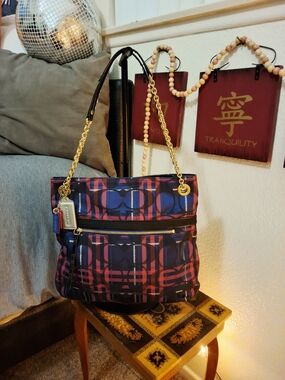 Coach Poppy Tartan Metallic Slim Chain Tote